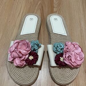 Pink and Cream Espadrille Sandals with Floral Embellishments